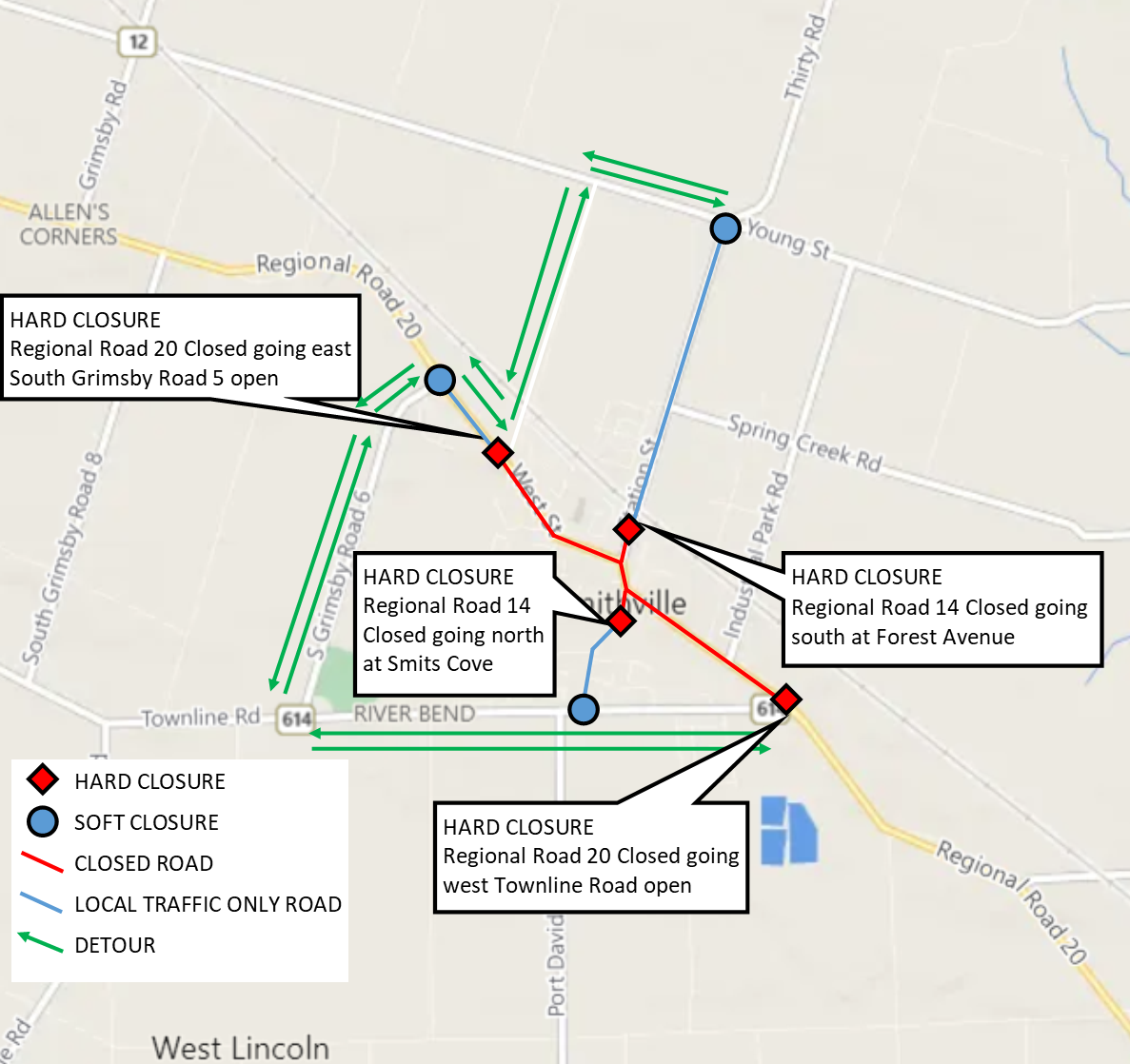 Map of Smithville with road closures for West Lincoln Santa Claus Parade