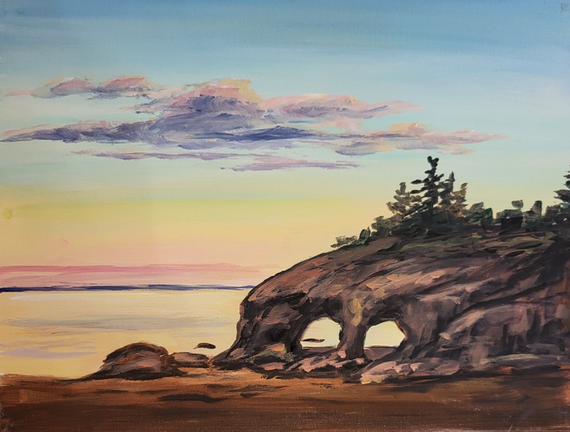 Painting of cliff meeting beach with sunset