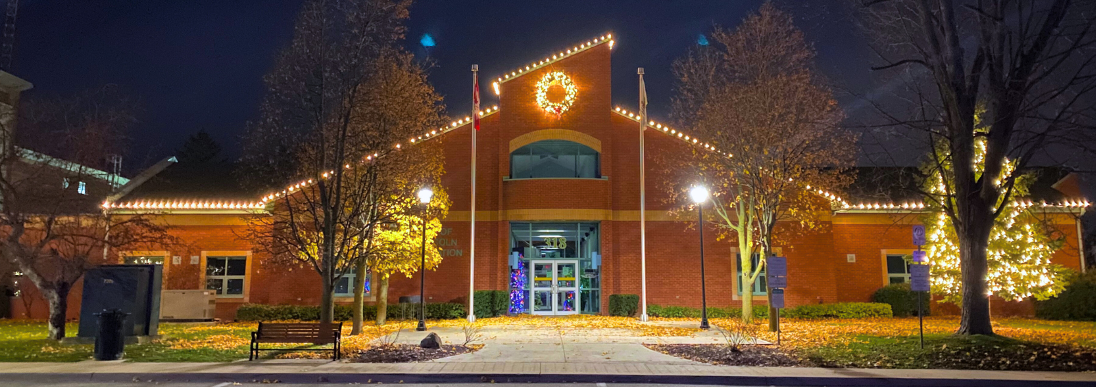 Township of West Lincoln Administration building lit up with holiday lights