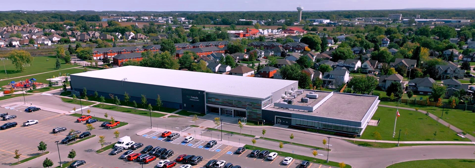 Aerial view of West Lincoln Community Centre and surrounding neighbourhood